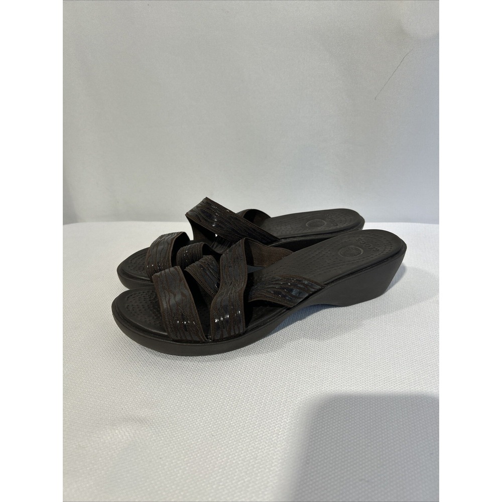 CROCS Brown "Molalla" Animal Print Comfortable Heeled Sandals Women's Size 8